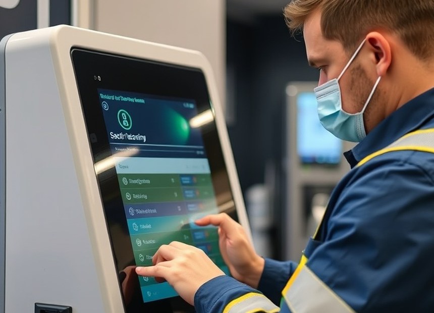Especialista revisando la lectora de tarjetas de un terminal